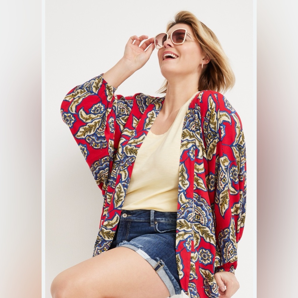 Boho Floral Paisley Kimono Cardigan Batwing sleeves Patriotic‎ Size 2x/3x